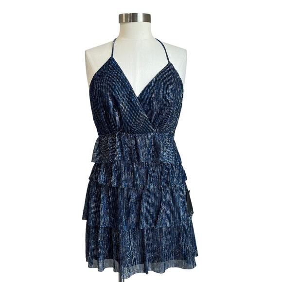 Lulus Glowing Gorgeous Blue Multi Metallic Tiered Mini Dress Size Small - Picture 1 of 13